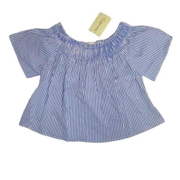 NEW Rebellion Again off‎ the shoulder blue striped boho top blouse S - Picture 1 of 7
